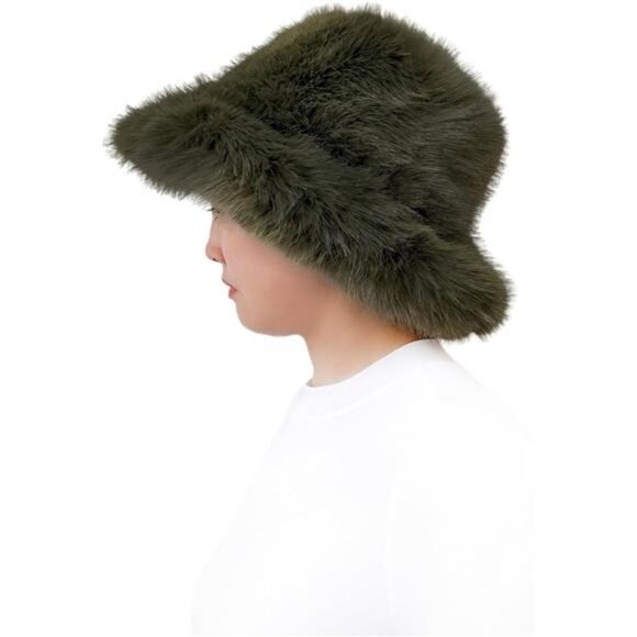 Oversized Winter Faux Fur Bucket Hat for Women Army Green - Picture 2 of 4